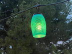 Green lattice-weave lantern cover glowing at dusk among trees — Groovy Lanterns