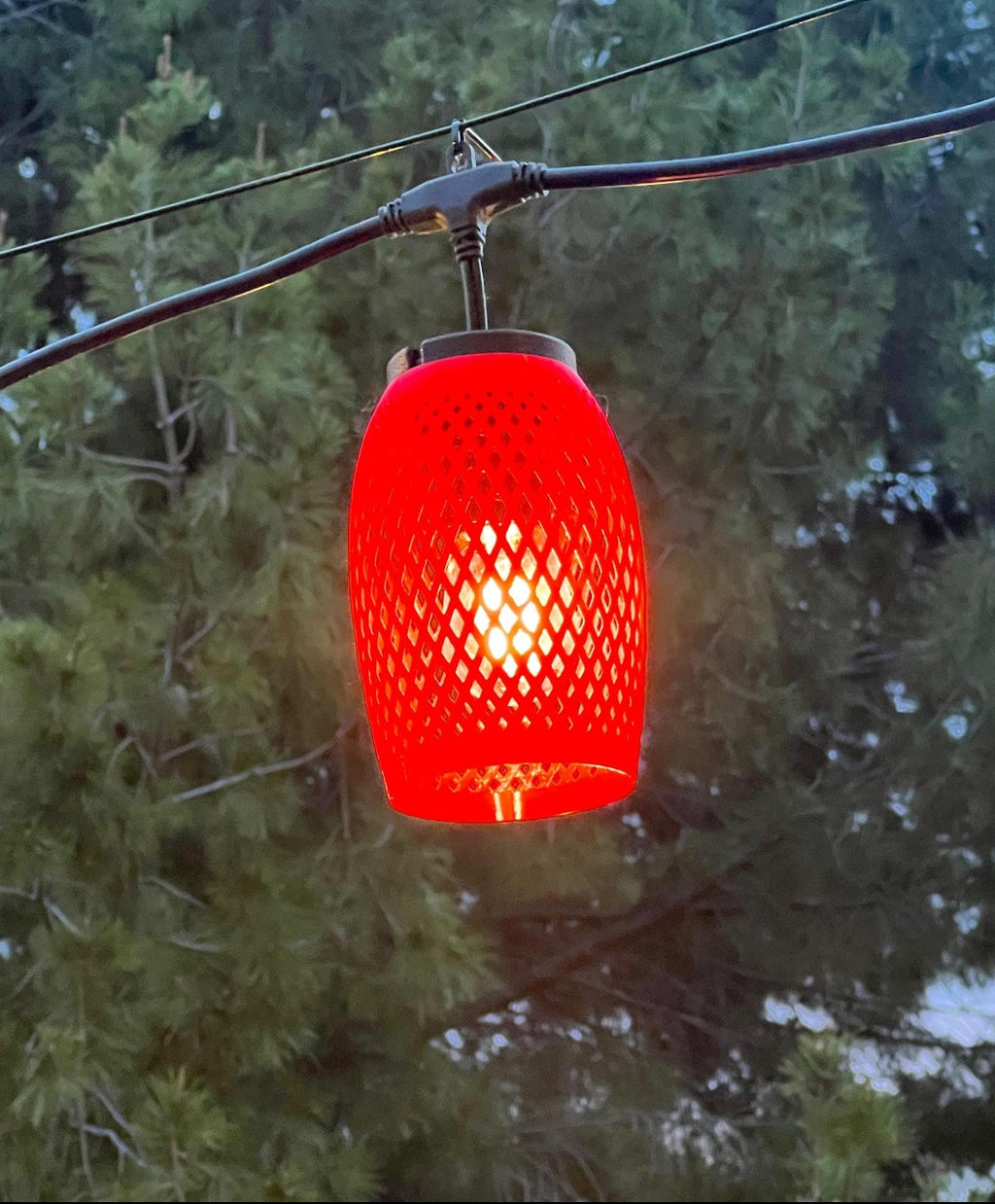 Red lattice-weave lantern cover glowing at dusk among trees — Groovy Lanterns